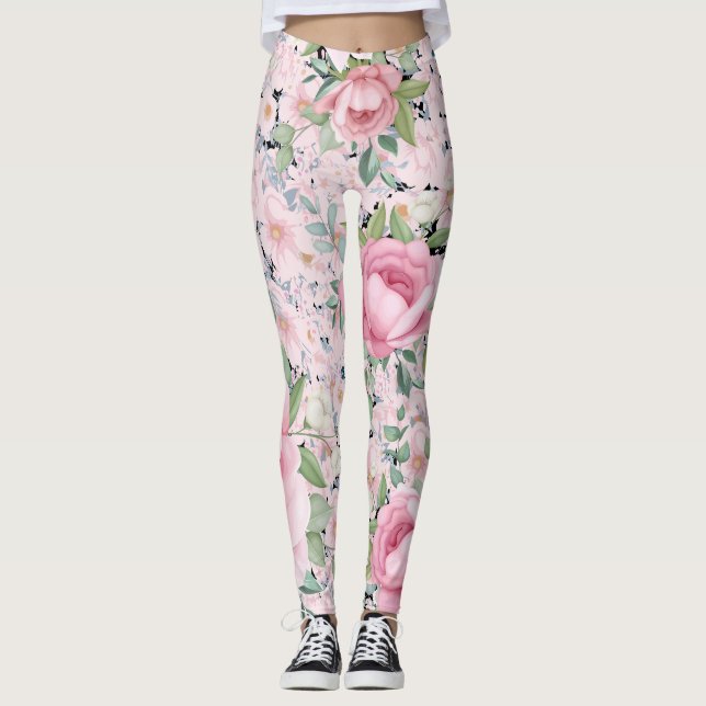 Rosa florale Capri Länge Butterblut Leggings (Vorderseite)