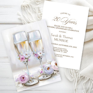 Rosa florale Champagnergläser 20. Hochzeitstag Einladung