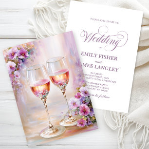 Rosa Florale Champagnergläser Hochzeit Einladung