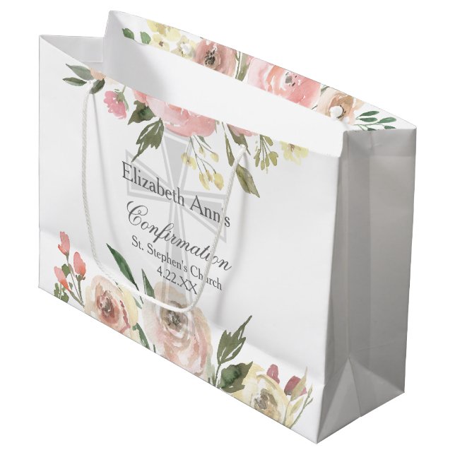 Rosa florale christliche Konfirmationsfeier Große Geschenktüte (Vorderseite Schrägansicht)