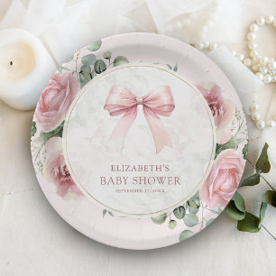 Rosa Florale Coquette-Schleife Baby Shower Pappteller