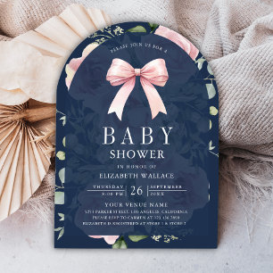 Rosa Florale Coquette-Schleife Navy Baby Shower-Ei Einladung