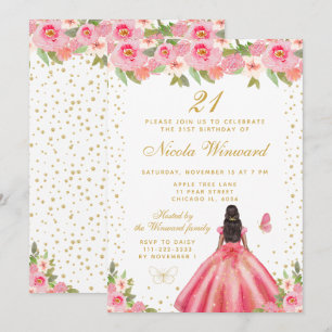 Rosa florale Dark Skin Prinzessin Geburtstagsfeier Einladung