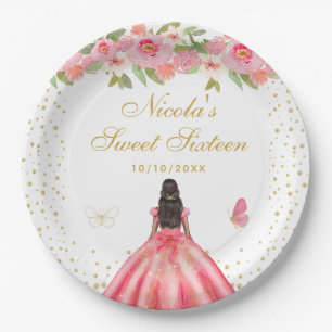 Rosa Florale Dark Skin Prinzessin Sweet Sixteen Pappteller