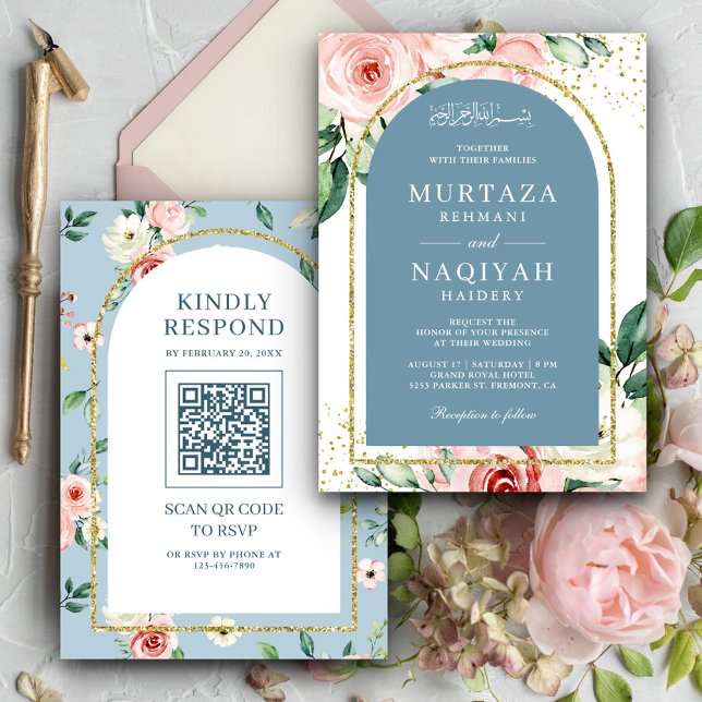 Rosa florale Dusty Blue Arch QR Code muslimische H Einladung (Von Creator hochgeladen)