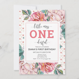 Rosa florale Einladung zum 1. Geburtstag