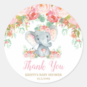 Rosa florale Elefant Baby Shower Mädchen Geschenke Runder Aufkleber