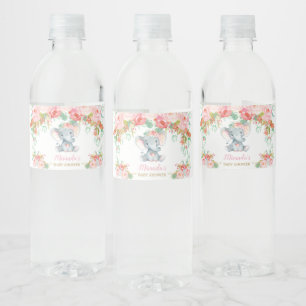 Rosa florale Elefant Baby Shower Mädchen Wasserflaschenetikett