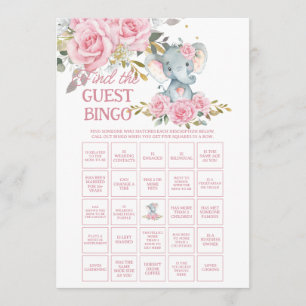 Rosa florale Elefant Find the Guest Baby Bingo Mitteilungskarte