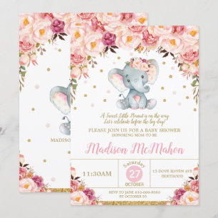 Rosa Florale-Elefanten-Baby Shower Mädchen Einladung