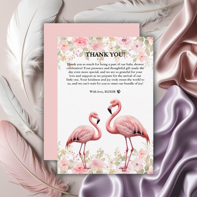 Rosa florale Elegant Flamingo Baby Dusche Dankeskarte (Von Creator hochgeladen)