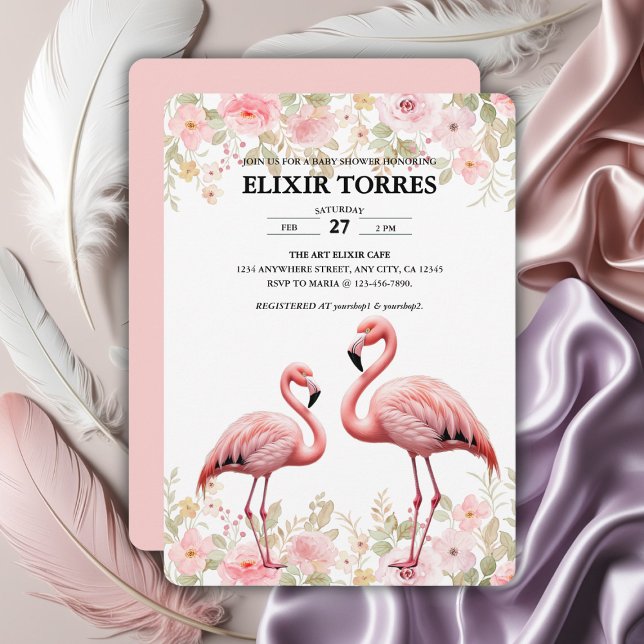 Rosa florale Elegant Flamingo Baby Dusche Einladung (Von Creator hochgeladen)