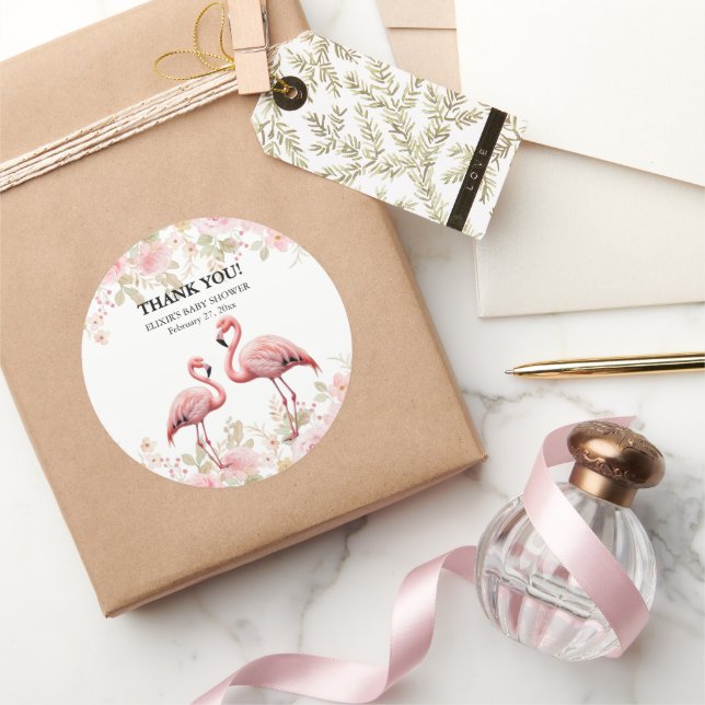 Rosa florale Elegant Flamingo Baby Dusche Runder Aufkleber (Schenken)