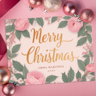 Rosa florale Elegant Frohe Weihnachtskarte Feiertagskarte