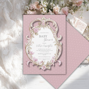 Rosa florale elegante goldene Rahmen-Baby-Party Einladung