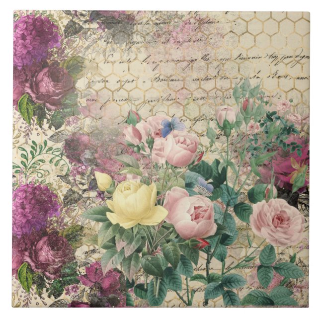 Rosa florale Ephemera mit Beehive und Handwriting Fliese (Vorderseite)