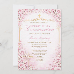 Rosa florale Erstkommunion Kreuz religiös Einladung