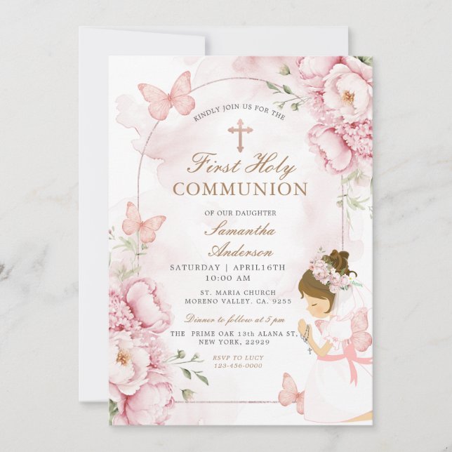 Rosa Florale Erstkommunion mit Mädchen Einladung (Vorderseite)