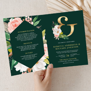 Rosa florale Et-Zeichen Smaragd QR-Code-Hochzeit Einladung