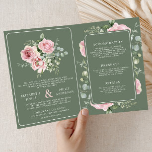 Rosa Florale Eukalyptus-Sage-Grüne Hochzeit Einladung