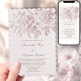 Rosa Florale Faux-Präge-Hochzeits-Einladung Einladung