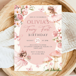 Rosa Florale Feen-Einladung zum ersten Geburtstag Einladung