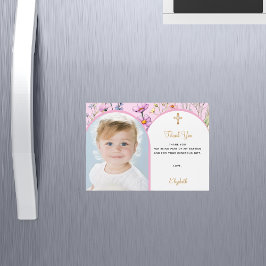 Rosa Florale Foto Taufe Danke Magnetkarte