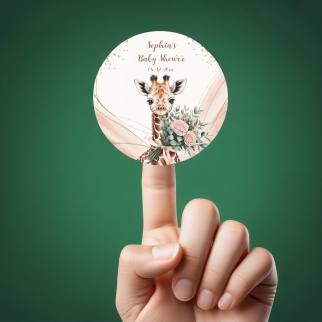Rosa florale Giraffe Safari Baby Dusche Stick bevo Runder Aufkleber (Von Creator hochgeladen)
