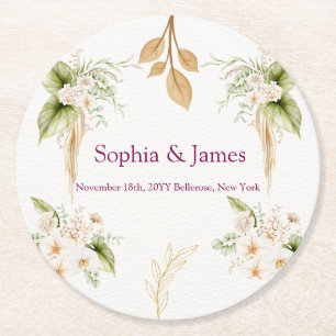 Rosa Florale Gold Geometrische Hochzeit Runder Pappuntersetzer