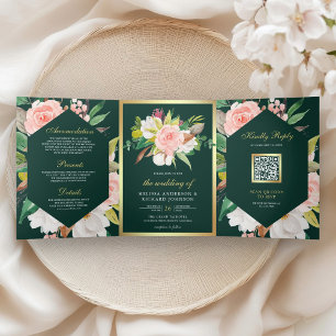 Rosa florale Gold QR Code Smaragdgrüne Hochzeit Dreifach Gefaltete Einladung