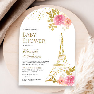 Rosa florale goldene Eiffelturm-Bogen-Baby-Party Einladung
