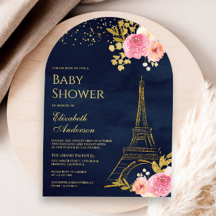 Rosa florale goldene Eiffelturm Navy Baby Shower Einladung