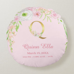 Rosa florale goldene Monogramm "Q" Baby Girl Stats Rundes Kissen