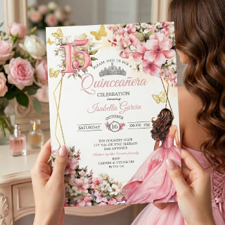 Rosa Florale Goldene Schmetterlinge Quinceañera Einladung