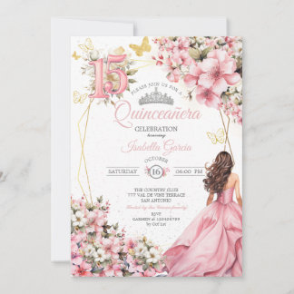 Rosa Florale Goldene Schmetterlinge Quinceañera Einladung