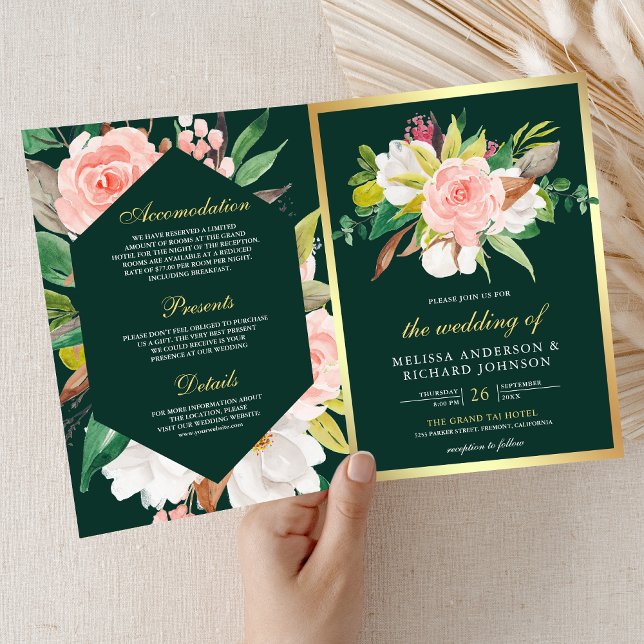 Rosa Florale Goldene Smaragd QR-Code Hochzeit Einladung (Von Creator hochgeladen)