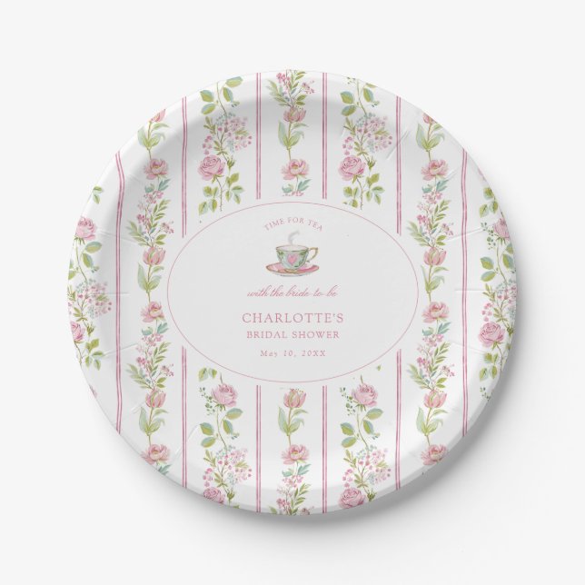 Rosa Florale Grandmillennial-Bridal-Teeparty Pappteller (Vorderseite)