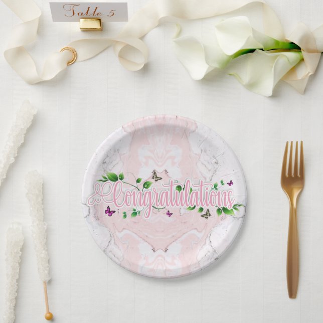 Rosa florale Gratulationen Text Papier Plate Pappteller (Hochzeit)