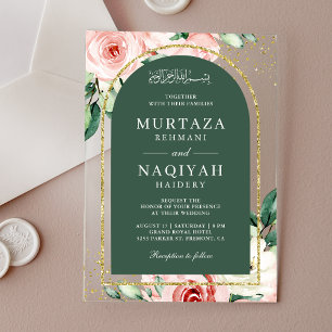 Rosa Florale Grüne Arch Muslimische Hochzeit Acryleinladungen