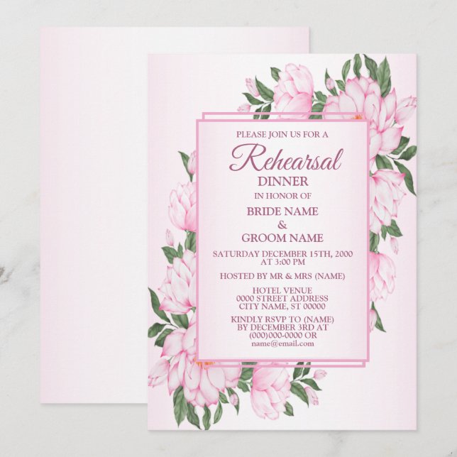 Rosa florale grüne Blätter Hochzeitsprobe-Dinner  Einladung (Vorne/Hinten)
