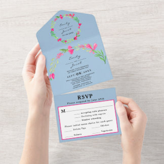 Rosa Florale Grünlicht Blau Elegant Wed RSVP All In One Einladung