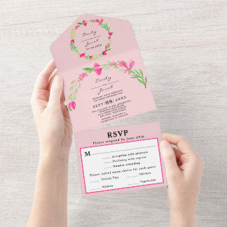 Rosa Florale Grünlicht Rosa Chic Hochzeit RSVP All In One Einladung