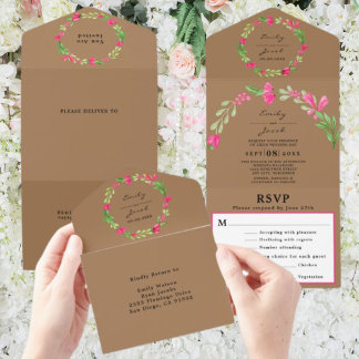 Rosa Florale Grünlichtbraune Chic Hochzeit RSVP All In One Einladung