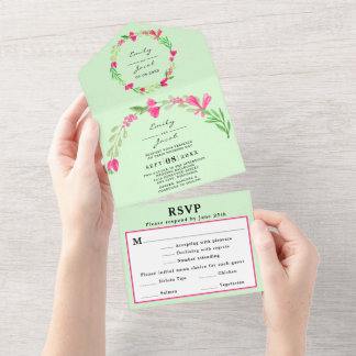 Rosa Florale Grüntöne Blassgrün Chic Hochzeit RSVP All In One Einladung