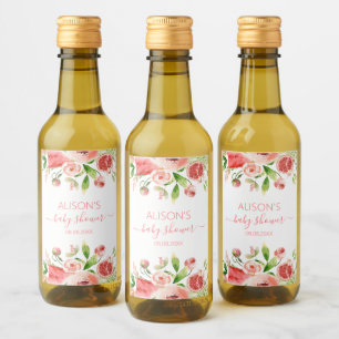 Rosa Florale Grünzeug Mädchen Baby Shower Mini Weinetikett