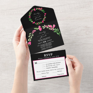 Rosa Florale Grünzeug Schwarze elegante Hochzeits- All In One Einladung