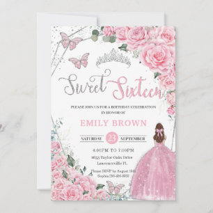 Rosa Florale Hellbraune Prinzessin Sweet 16 Geburt Einladung