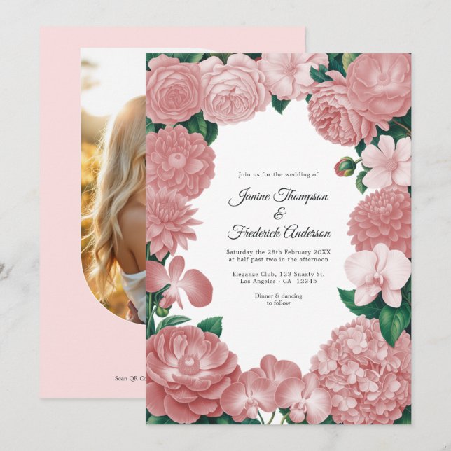 Rosa Florale Hochzeit mit Foto und QR-Code Einladung (Vorne/Hinten)