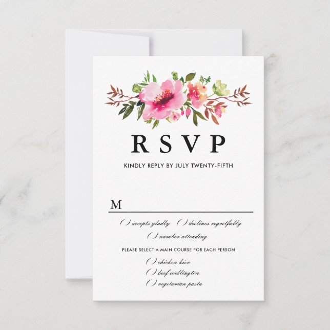 Rosa florale Hochzeitskarte RSVP, Wahlmöglichkeite RSVP Karte (Vorderseite)