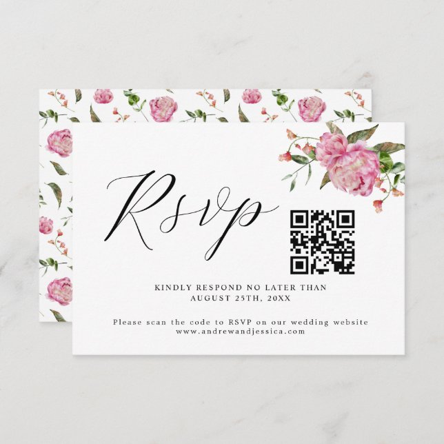 Rosa florale Hochzeitsstiftung QR Code RSVP Karte (Vorne/Hinten)